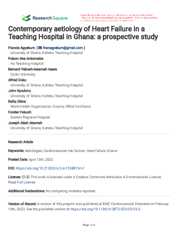 (PDF) Contemporary aetiology of Heart Failure in a Teaching Hospital in ...