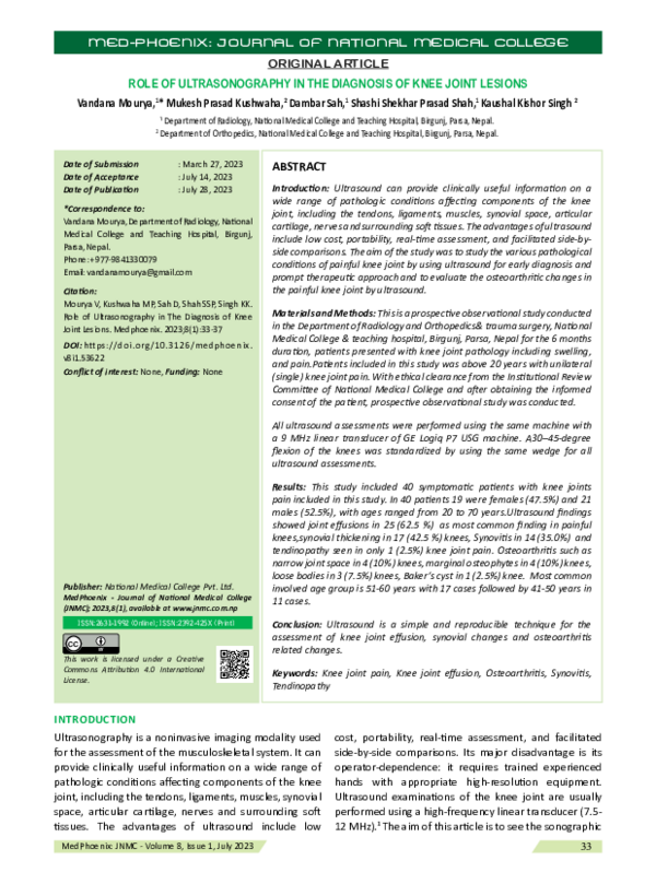(PDF) Role of Ultrasonography in The Diagnosis of Knee Joint Lesions
