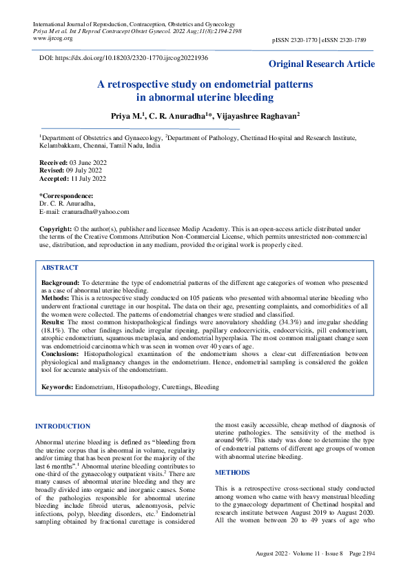 (PDF) A retrospective study on endometrial patterns in abnormal uterine ...