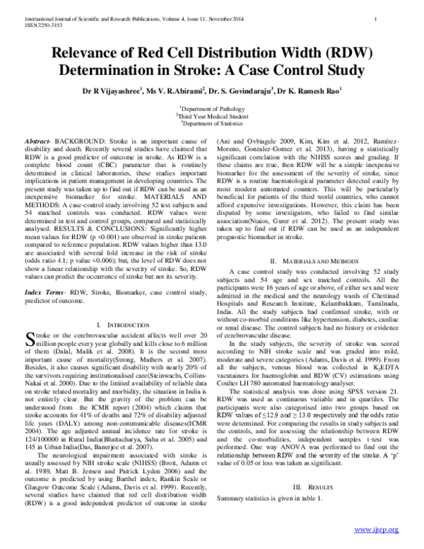 (PDF) Relevance of Red Cell Distribution Width (RDW) Determination in ...