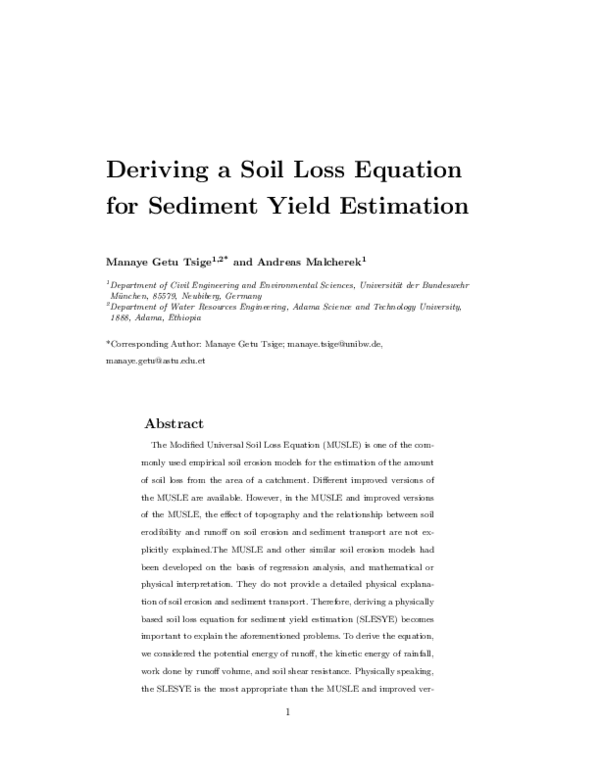 (PDF) Deriving a Soil Loss Equation for Sediment Yield Estimation