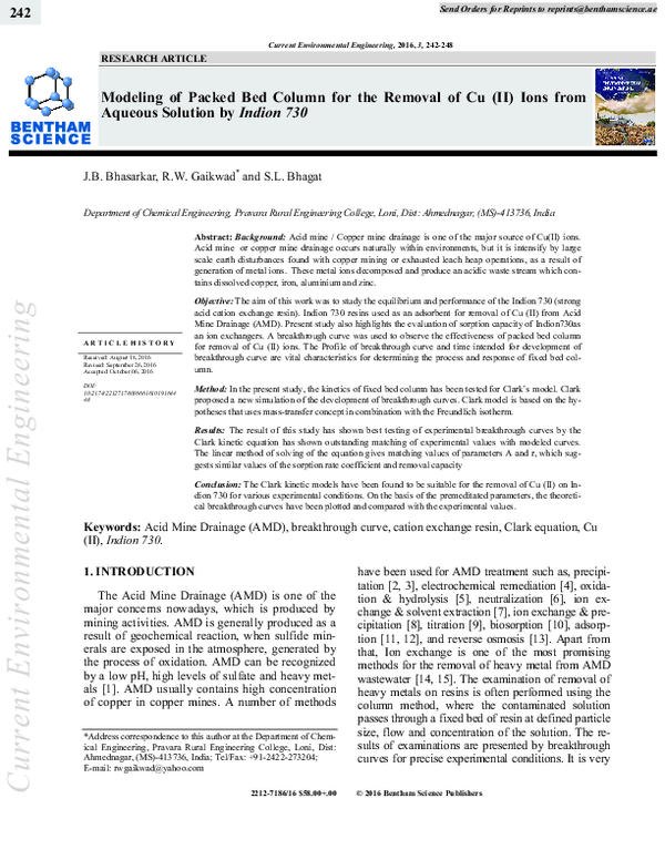 (PDF) Modeling of Packed Bed Column for the Removal of Cu (II) Ions ...