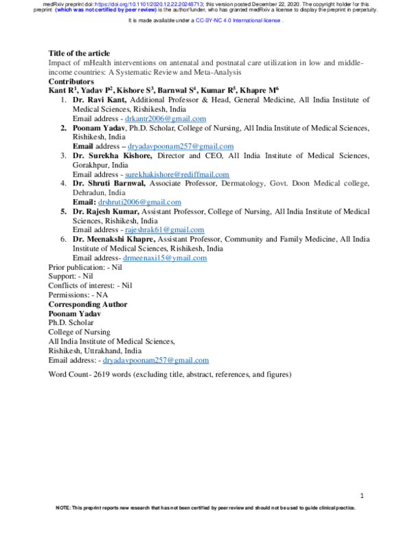 (PDF) Impact of mHealth interventions on antenatal and postnatal care ...