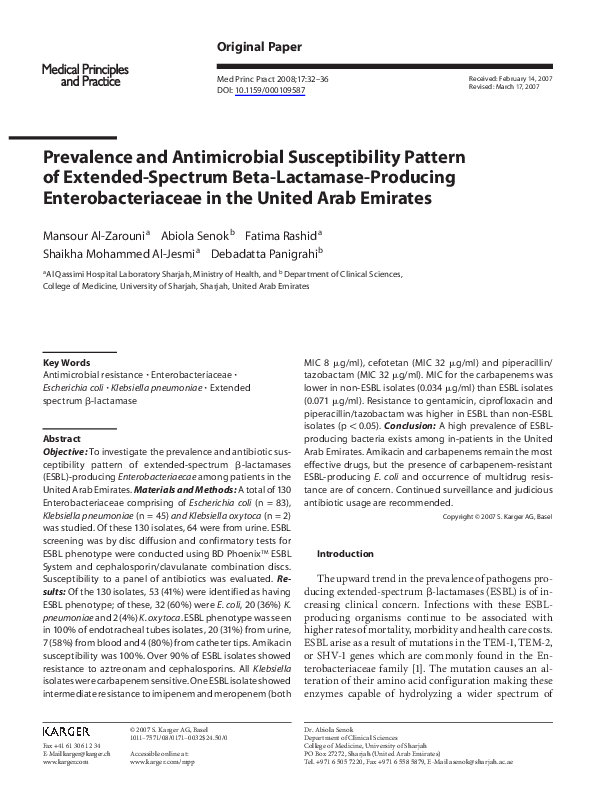 (PDF) Prevalence and Antimicrobial Susceptibility Pattern of Extended ...