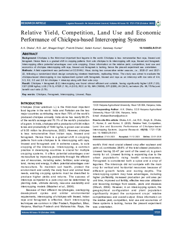 (PDF) Relative Yield, Competition, Land Use and Economic Performance of ...