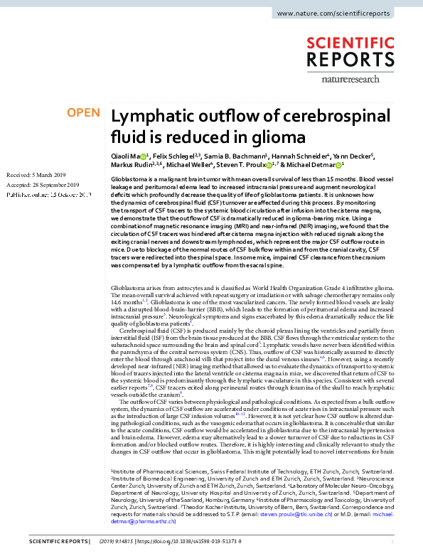 (PDF) Lymphatic outflow of cerebrospinal fluid is reduced in glioma