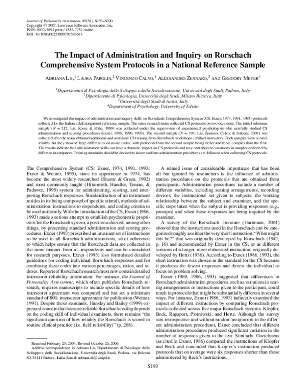Pdf The Impact Of Administration And Inquiry On Rorschach