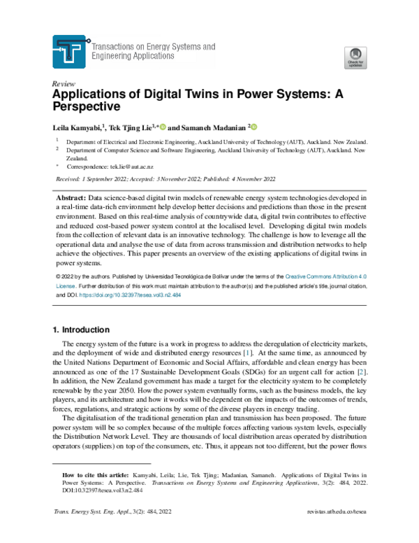 (PDF) Applications of Digital Twins in Power Systems: A Perspective