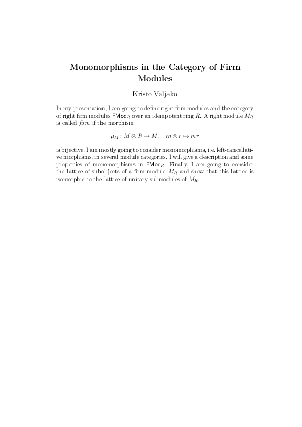 (PDF) Monomorphisms in the category of firm modules