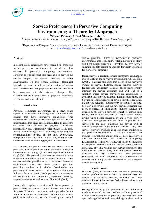 (PDF) Service Preferences In Pervasive Computing Environments; A ...