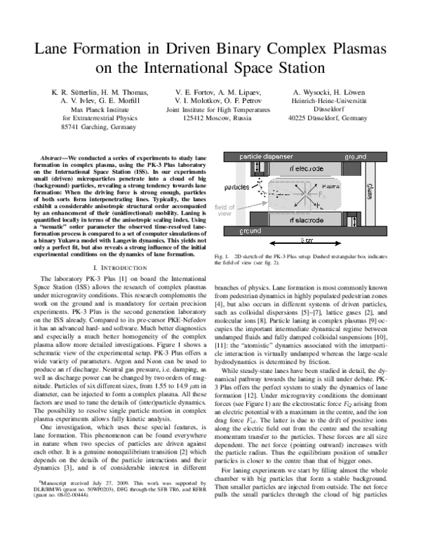 (PDF) Lane Formation in Driven Binary Complex Plasmas on the ...