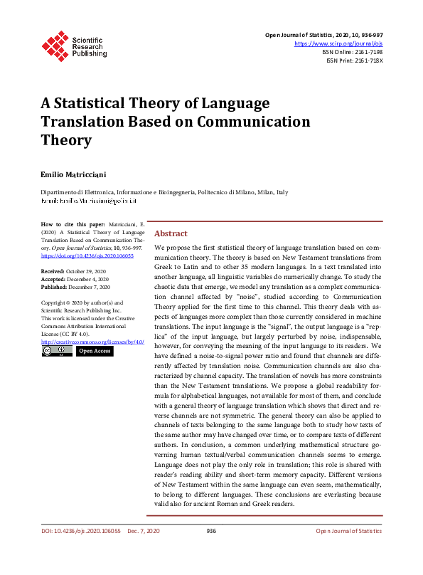 (PDF) A Statistical Theory of Language Translation Based on ...