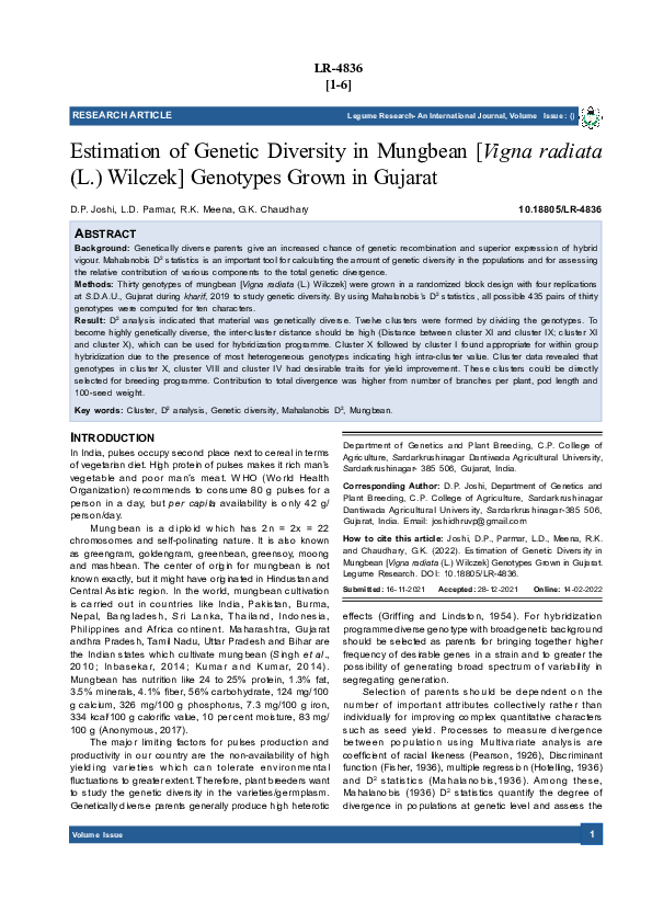 (PDF) Estimation of Genetic Diversity in Mungbean [Vigna radiata (L ...