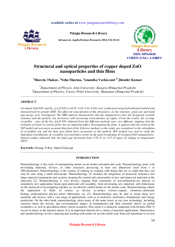(PDF) Structural and optical properties of copper doped ...
