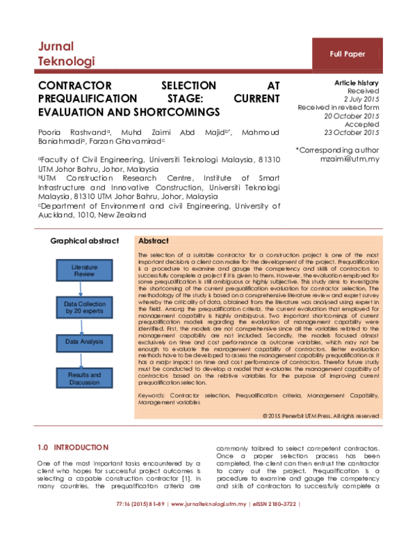 (PDF) Contractor Selection at Prequalification Stage: Current ...