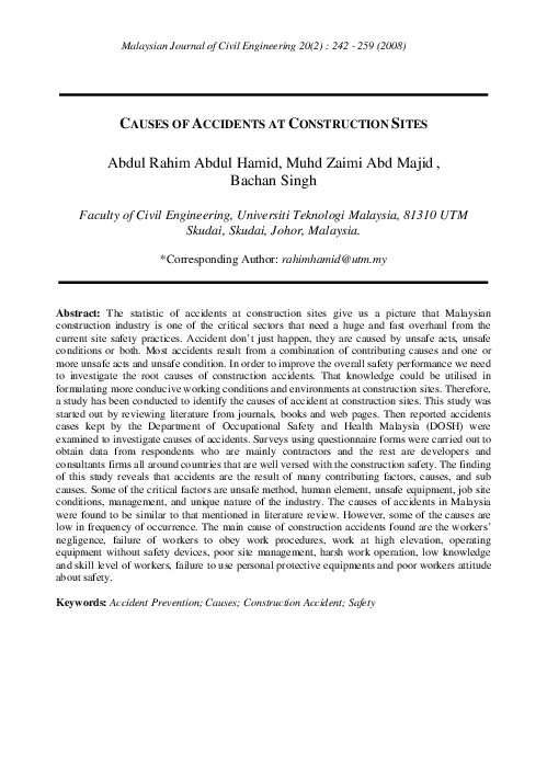 (PDF) Causes of Accidents at Construction Sites