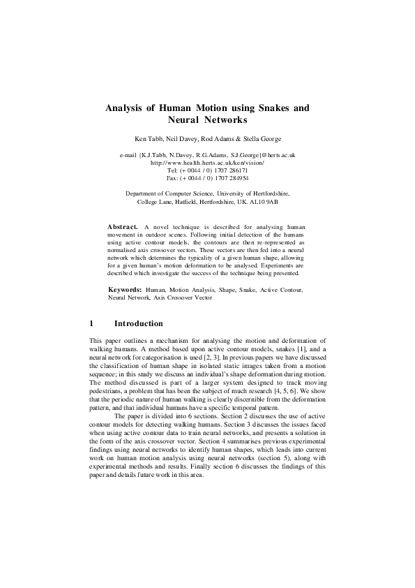 (PDF) Analysis of Human Motion Using Snakes and Neural Networks