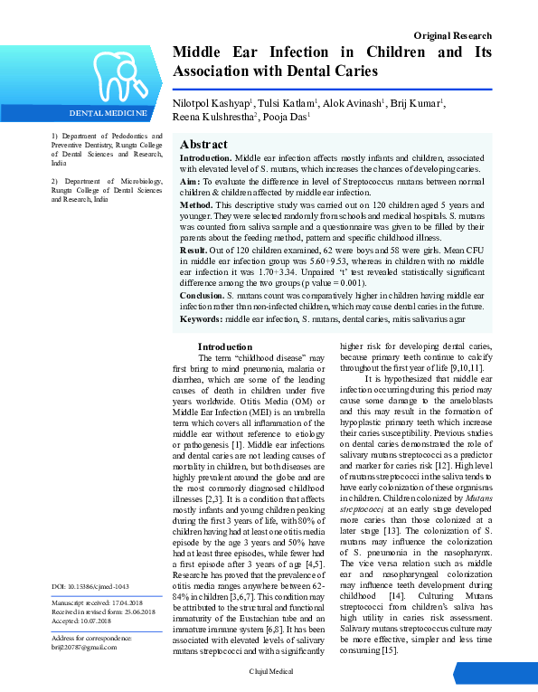 (PDF) Middle Ear Infection in Children and Its Association with Dental ...