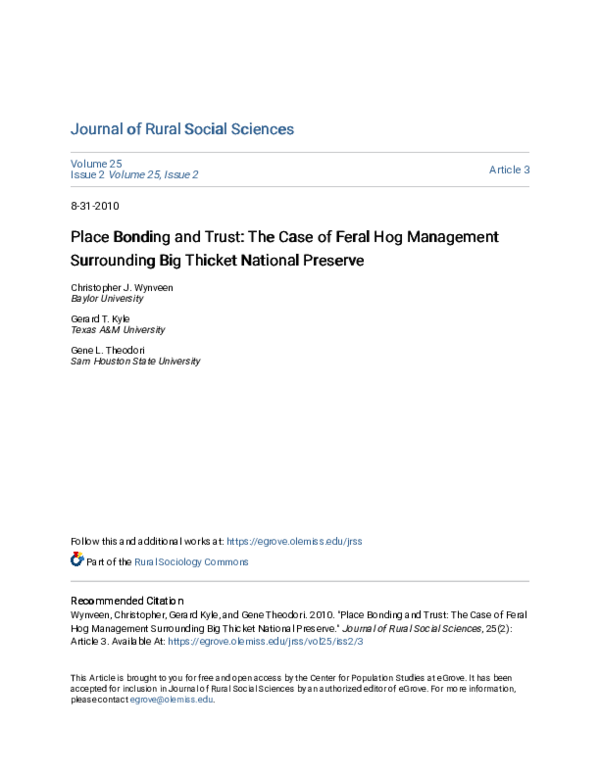 (PDF) Place Bonding and Trust: The Case of Feral Hog Management ...