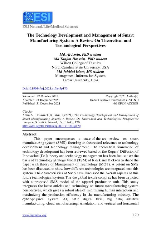 (PDF) The Technology Development and Management of Smart Manufacturing ...