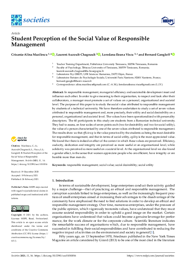 (PDF) Student Perception of the Social Value of Responsible Management