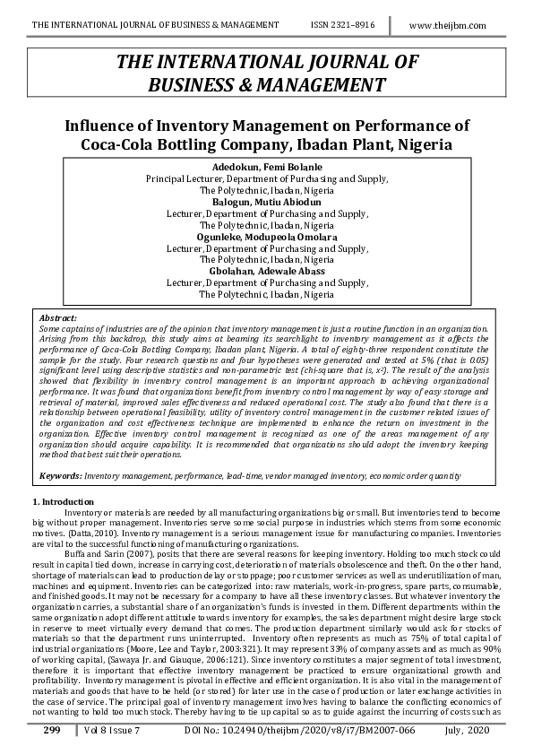 (PDF) Influence of Inventory Management on Performance of Coca-Cola ...