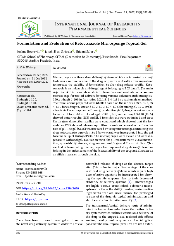 (PDF) Formulation and Evaluation of Ketoconazole Microsponge Topical Gel