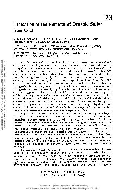 (PDF) Evaluation of the Removal of Organic Sulfur from Coal