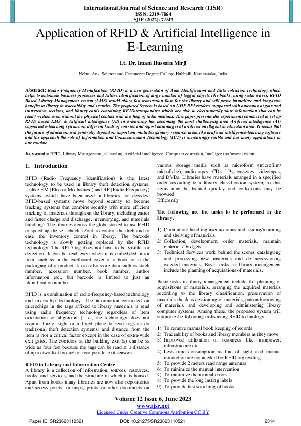 (PDF) Application of RFID & Artificial Intelligence in E-Learning