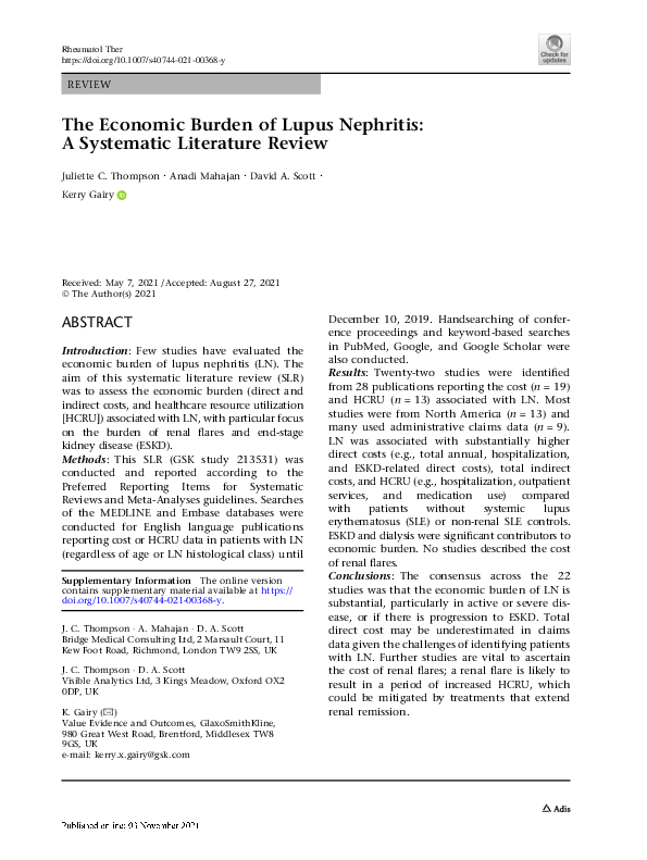 (PDF) The Economic Burden of Lupus Nephritis: A Systematic Literature ...