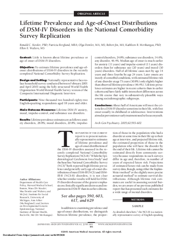 (PDF) Lifetime Prevalence and Age-of-Onset Distributions of DSM-IV ...