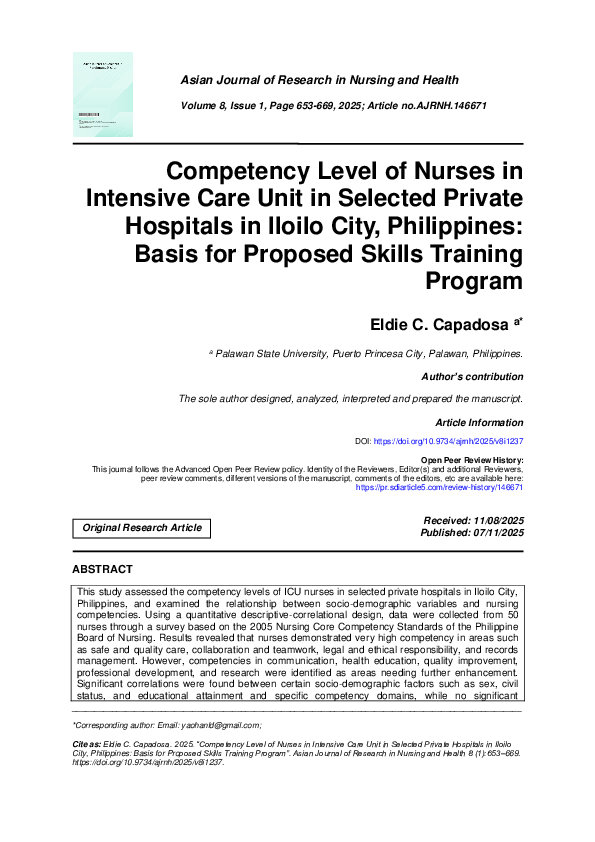 (PDF) Competency Level of Nurses in Intensive Care Unit in Selected ...