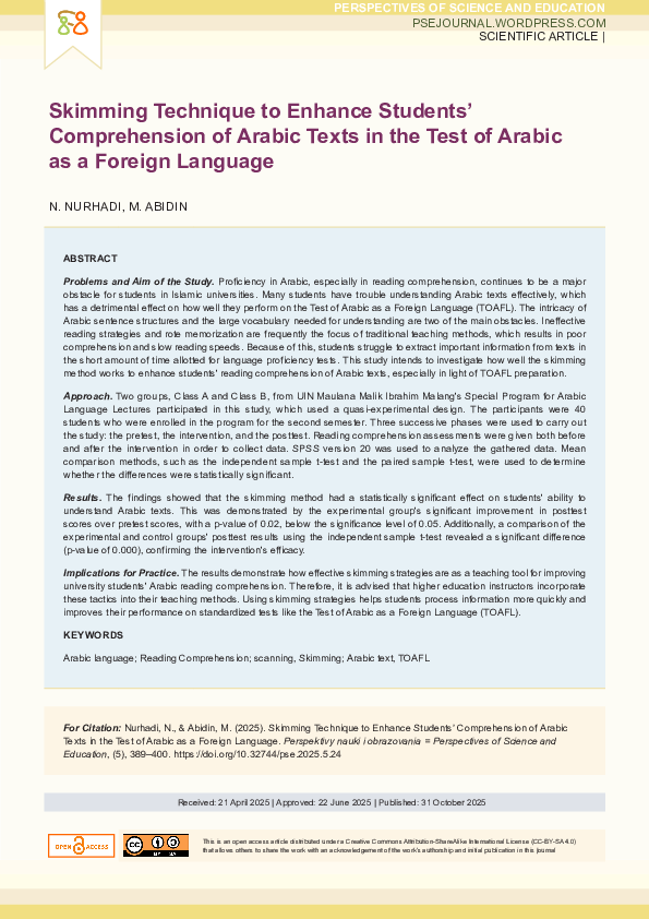 (PDF) Skimming Technique to Enhance Students’ Comprehension of Arabic ...