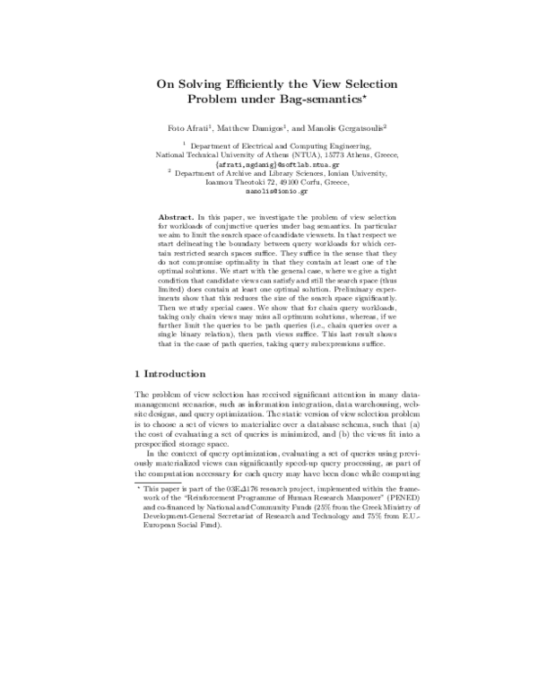 (PDF) On Solving Efficiently the View Selection Problem under Bag-Semantics