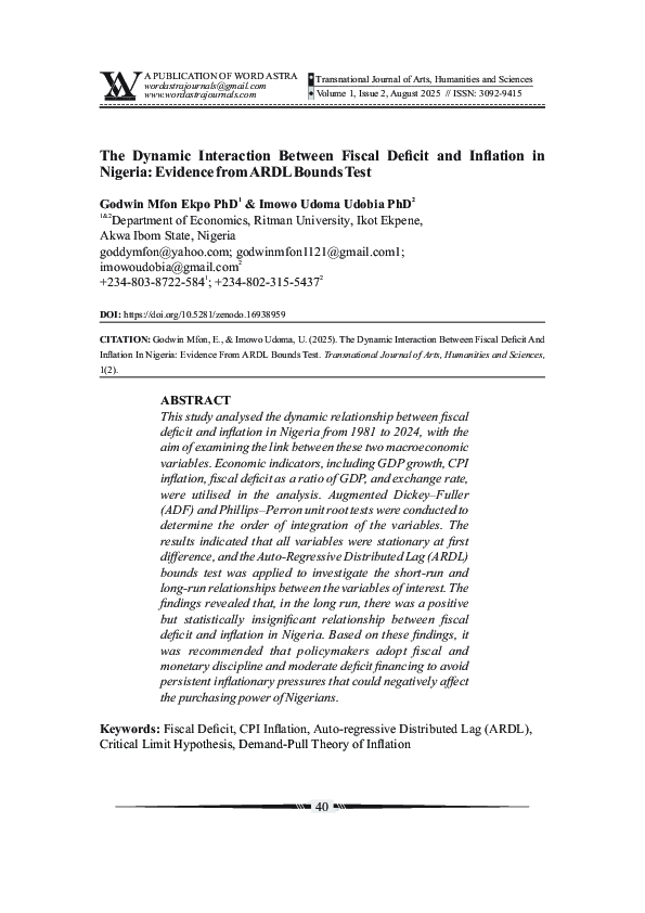 (PDF) The Dynamic Interaction Between Fiscal Deficit and Inflation in ...