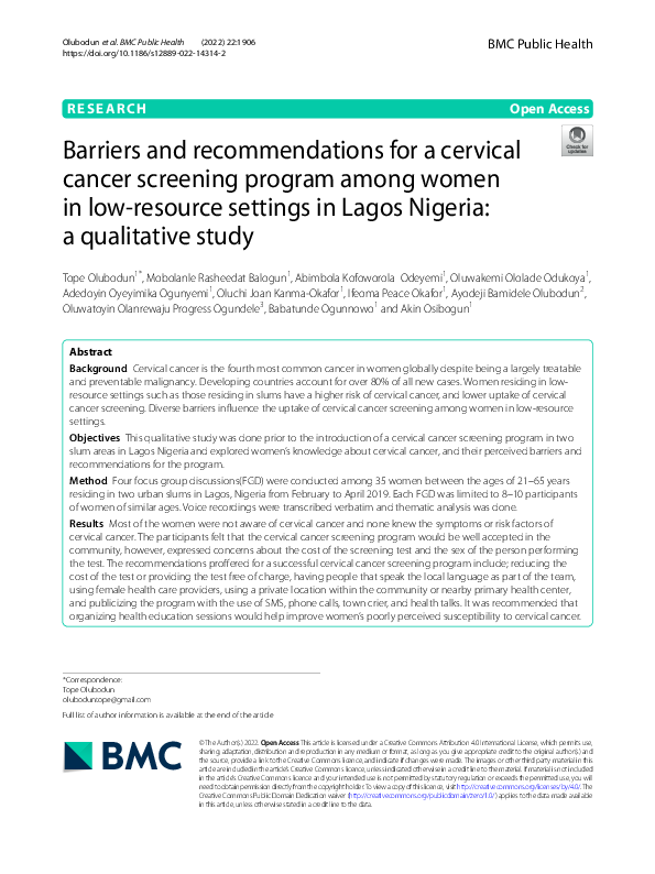(PDF) Barriers and Recommendations for a Cervical Cancer Screening ...