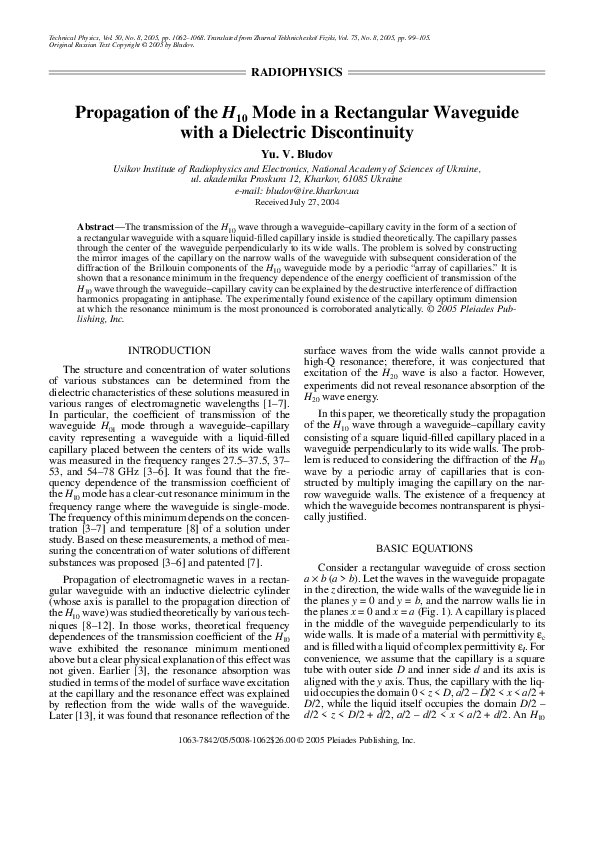 (PDF) Propagation of the H 10 mode in a rectangular waveguide with a ...