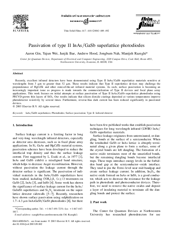 (PDF) Passivation of type II InAs/GaSb superlattice photodiodes