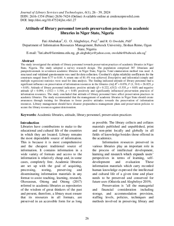 (PDF) Attitude of library personnel towards preservation practices in ...