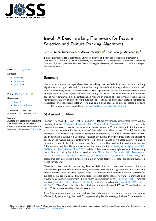 (PDF) fseval: A Benchmarking Framework for Feature Selection and ...