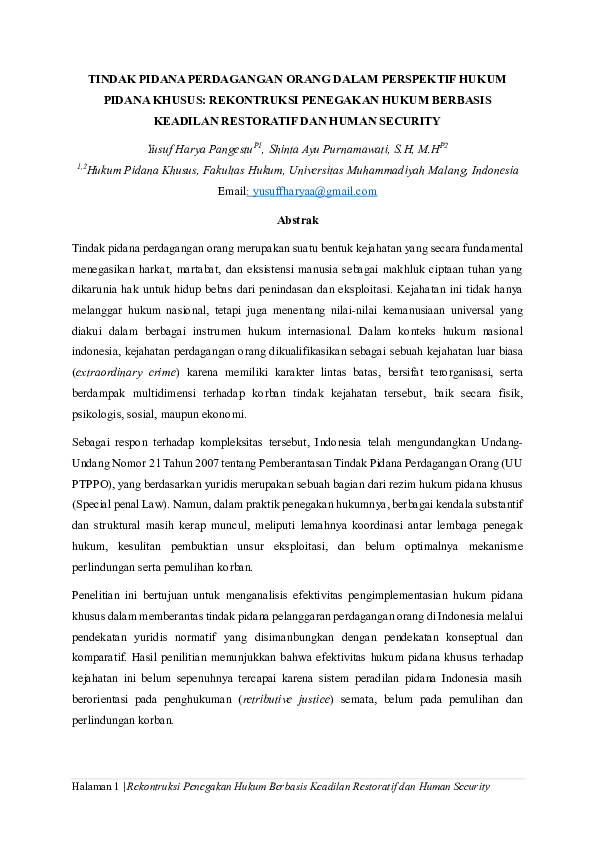 (PDF) TINDAK PIDANA PERDAGANGAN ORANG DALAM PERSPEKTIF HUKUM PIDANA ...