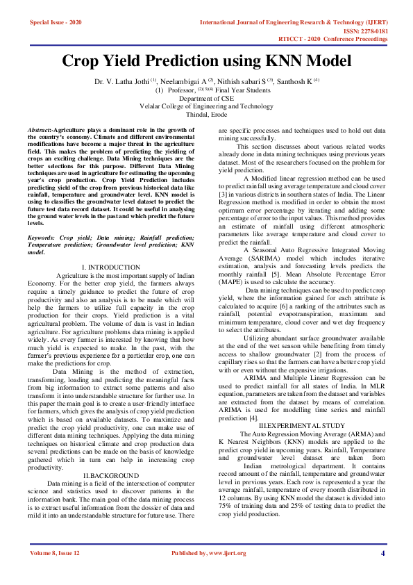 (PDF) Crop Yield Prediction using KNN Model