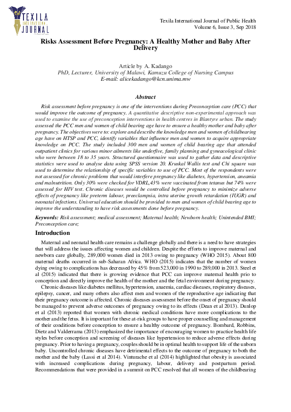 (PDF) Risks Assessment Before Pregnancy: A Healthy Mother and Baby ...