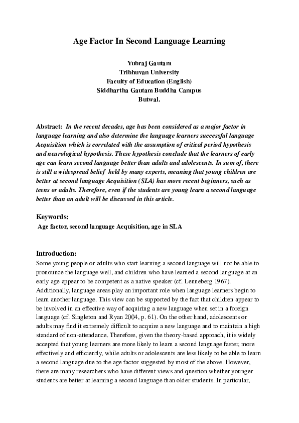 (PDF) Age Factor In Second Language Learning
