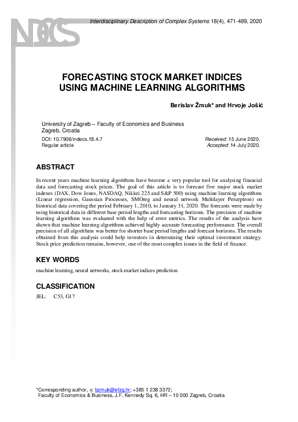 (PDF) Forecasting Stock Market Indices Using Machine Learning Algorithms