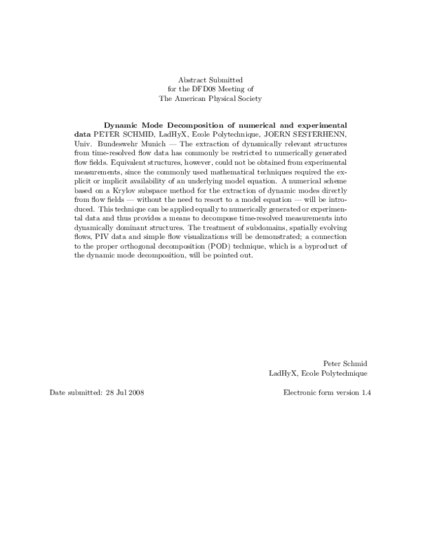 (PDF) Dynamic Mode Decomposition of numerical and experimental data