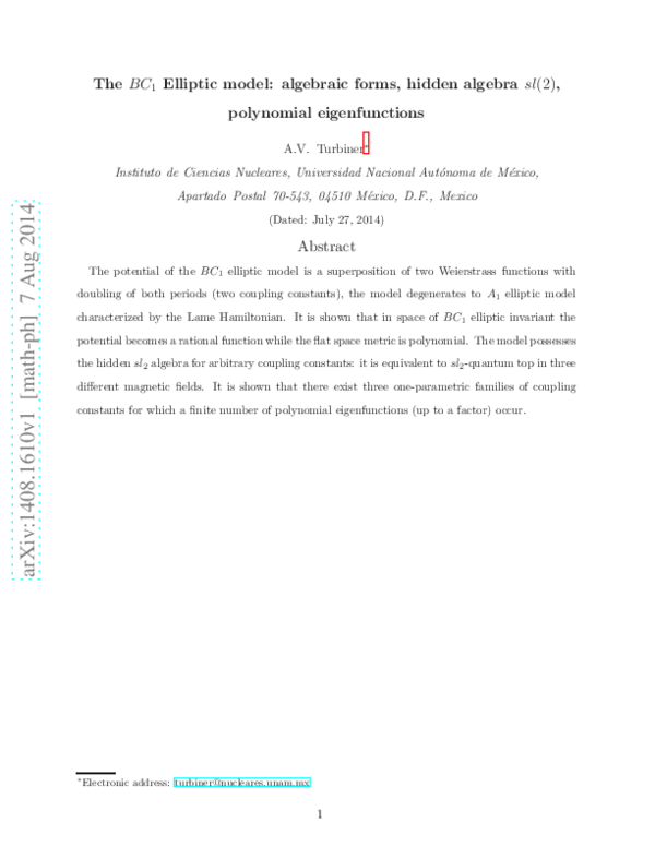 (PDF) The $ BC_ {1} $ Elliptic model: algebraic forms, hidden algebra ...