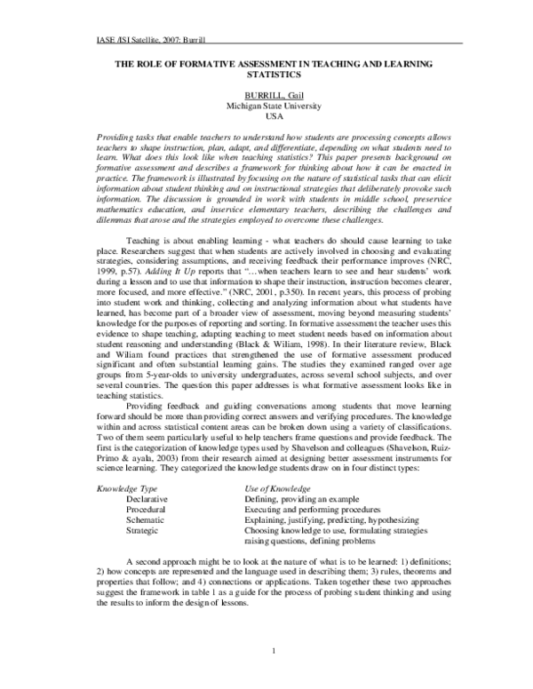 (PDF) The role of formative assessment in teaching and learning statistics