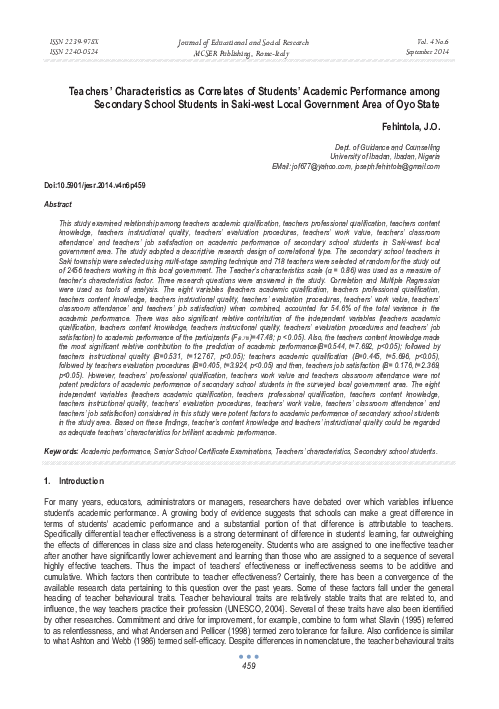 (PDF) Teachers’ Characteristics as Correlates of Students’ Academic ...