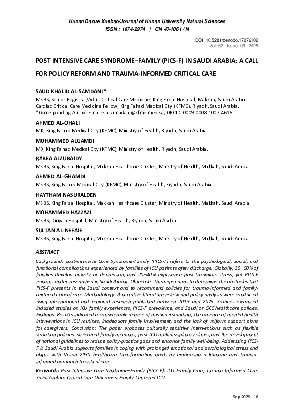 (PDF) POST INTENSIVE CARE SYNDROME-FAMILY (PICS-F) IN SAUDI ARABIA: A ...